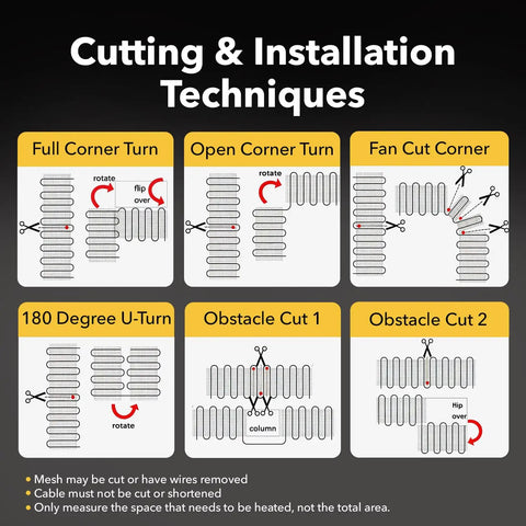 Cutting and installation techniques for Electric Floor Heating Mat For Tile And Bathroom Floors 120V 10 Sq Ft 120W Kit