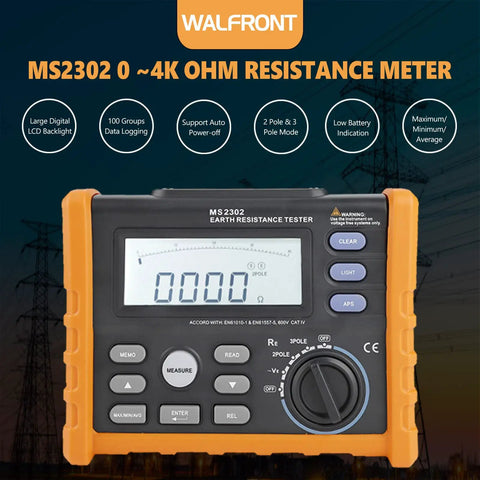 Digital Ground Earth Tester Meter 0 To 4K Ohm Insulation Tester Multimeter with LCD Backlight Display and controls