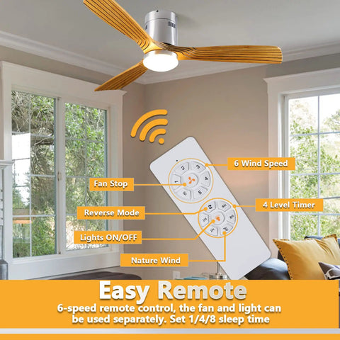 52 Inch Yellow Wood Hugger Ceiling Fan With Light And Remote, low profile mount in room, featuring control remote with labels