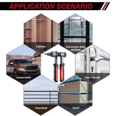 Pro Grade Rivet Nut Tool Kit With Nutsert Gun, application scenarios for auto body, cabinets, windows, doors, guardrails, and shelves.