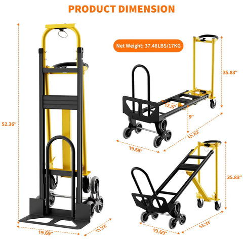Hella Tough Aluminum Hand Truck And 3 In 1 Convertible Folding Dolly Cart With Stair Climbing Wheels dimensions and weight details.