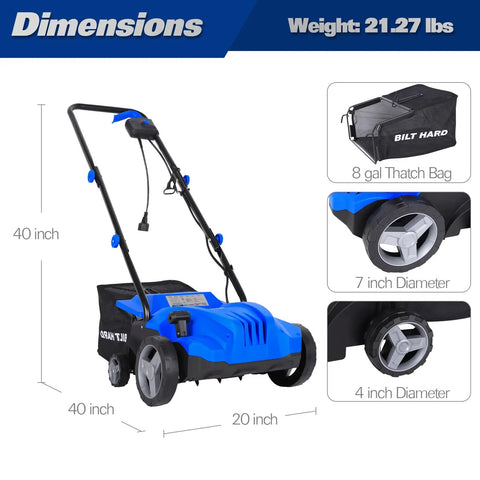Powerful Dethatcher Scarifier For Lawns With 12 Amp Copper Motor 1500W, 13 Inch Raking Width, 8 Gal Thatch Bag, 2 In 1 Machine