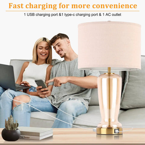 Gold Glass Table Lamps Set Of 2 With USB Ports And Touch Nightstand Control 3 Way Dimmable Modern Bedside Lamps With Charging Feature