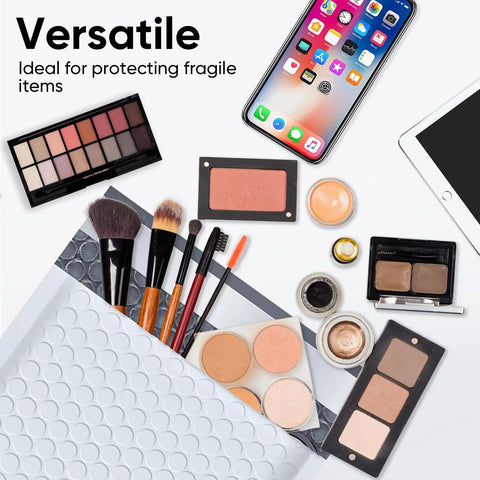 Bubble Mailers 8.5 x 12 Inch 100 Pack Usable 8.25 x 12 Inch Opaque Self Seal Poly Mailers with cosmetics and phone displayed