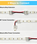 Image showing 3 ways to connect with 20 Pack Solderless Led Strip Connectors 2 Pin 10 Mm Screw Lock Tape Light Adapter for strip to strip and power connections.