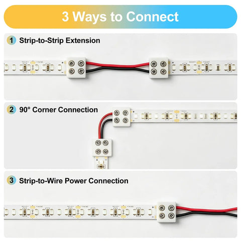 Image showing 3 ways to connect with 20 Pack Solderless Led Strip Connectors 2 Pin 10 Mm Screw Lock Tape Light Adapter for strip to strip and power connections.