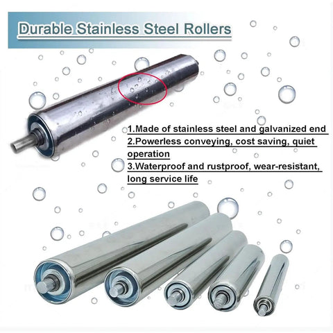 Smooth Glide 2 Inch Galvanized Steel Conveyor Rollers Heavy Duty Roller Set showing stainless steel construction and waterproof features.