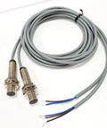 Ultra Compact Photoelectric Switch With Laser Beam, Through-Beam Reflective Optical Sensor, M12, 0-50M Range, NPN NO, 3-Wire DC12-24V, 650nm Laser, Tiny Footprint, 5ms Fast Response grey cable with two threaded M12 sensors and stripped wire ends