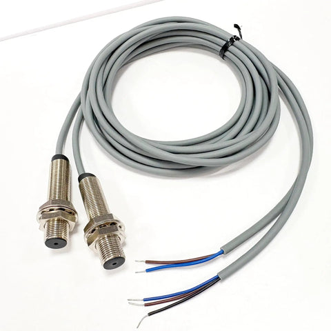 Ultra Compact Photoelectric Switch With Laser Beam, Through-Beam Reflective Optical Sensor, M12, 0-50M Range, NPN NO, 3-Wire DC12-24V, 650nm Laser, Tiny Footprint, 5ms Fast Response grey cable with two threaded M12 sensors and stripped wire ends