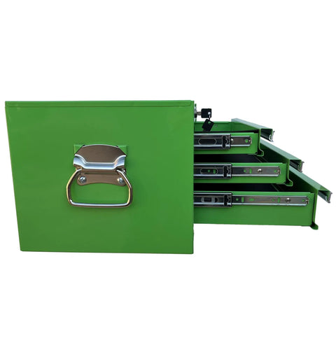Side view of Beefy Three Drawer Portable Metal Tool Chest Built Heavy Duty With Ball Bearing Slides And Central Cam Lock 26 Inch Middle Cabinet Steel Tool Storage Box Organizer In Green with drawers open.