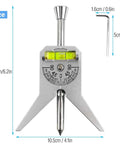 Pipe center finder punch tool with marker on metal tripod base; built-in level for pipes 1/2 in and larger