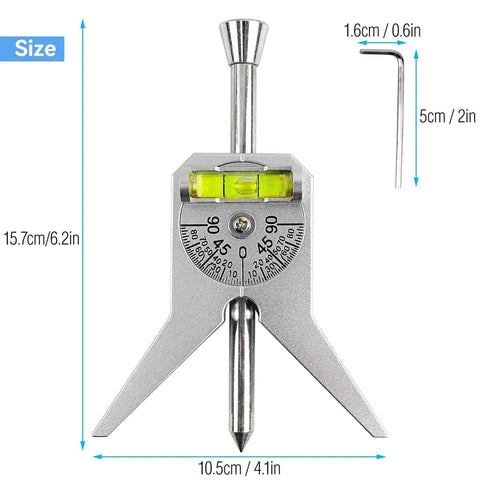 Pipe center finder punch tool with marker on metal tripod base; built-in level for pipes 1/2 in and larger