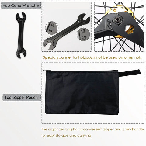 All In One Bike Tool Kit With Eight Pro Grade Bicycle Repair Tools For Mountain Bikes Include Hub Cone Wrench and Zipper Pouch