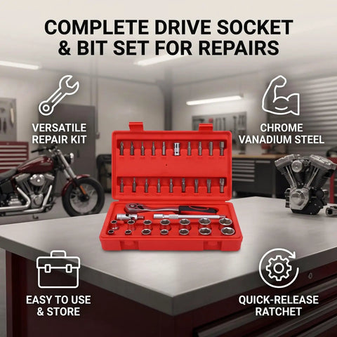 Knock Out Tough Shop Tasks With This Badass 3/8 Inch Drive 36 Piece Socket Ratchet Wrench Set Packing Smooth Chrome Steel Extensions And Universal Joints For Every Home Garage Project in a red plastic case on a workbench.
