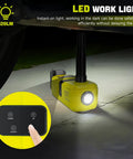 Cordless 5 Ton Hydraulic Floor Jack With 220W Motor LED Light And Remote under vehicle in dark, showing LED functionality
