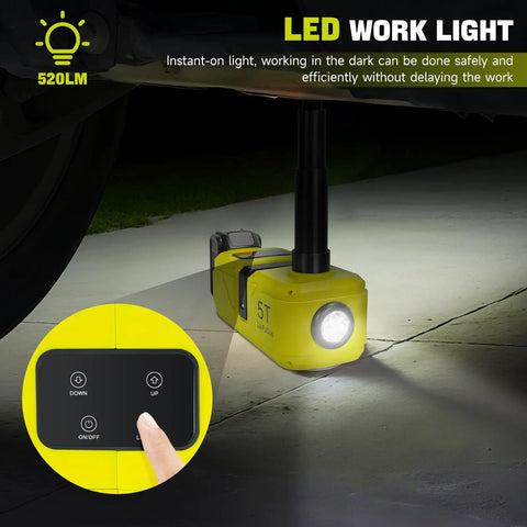 Cordless 5 Ton Hydraulic Floor Jack With 220W Motor LED Light And Remote under vehicle in dark, showing LED functionality