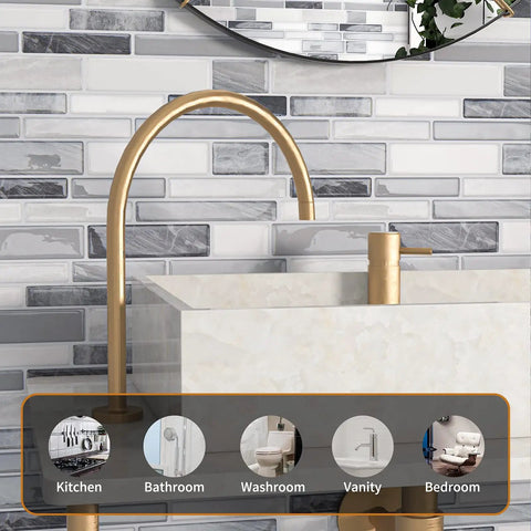 Bathroom with Peel And Stick Backsplash Tile 12x12 Gray For Kitchen And Bathroom, easy DIY install, modern design with gold faucet