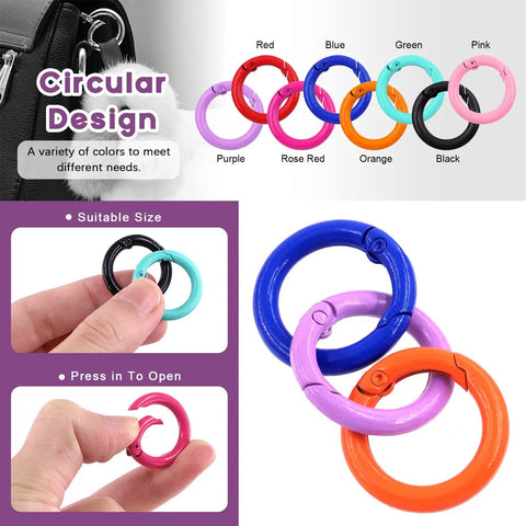 32Pcs 8 Colors 25mm 1 Inch Round Spring O Rings Assortment Kit with carbon steel snap hooks in red, blue, green, pink.
