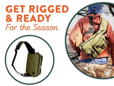 Person wearing Mystery Tackle Box Pond Prowler Sling Fishing Lure Kit Green Sling Pack with hands-free design