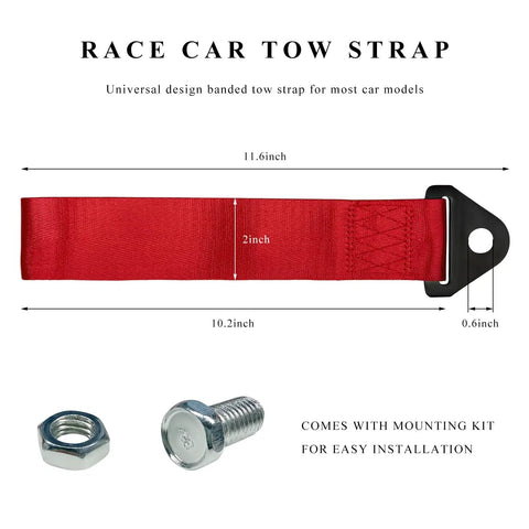 Heavy Duty Nylon Tow Strap For Cars And Trucks 2205 Pound with red strap, black mounting hole, and hardware.