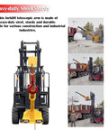 Heavy Duty Forklift Jib Boom Crane Attachment With Extendable Telescopic Boom Arm And Adjustable Tilt For Two Ton Lifting, showing heavy-duty steel construction.