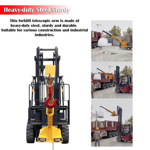 Heavy Duty Forklift Jib Boom Crane Attachment With Extendable Telescopic Boom Arm And Adjustable Tilt For Two Ton Lifting, showing heavy-duty steel construction.