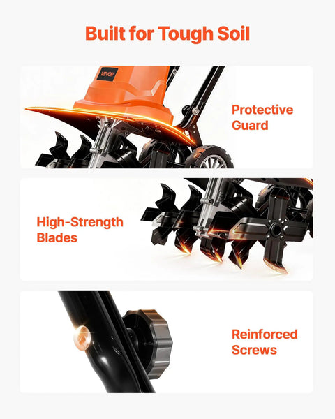 Corded Electric Tiller With 18 Inch Tilling Width, 13.5 Amp Heavy Duty Rototiller Cultivator showing protective guard and steel tines