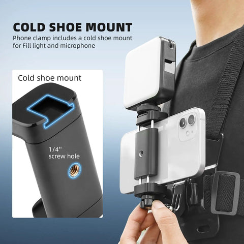 Close-up of Go To POV Phone Chest Mount with cold shoe mount on strap holder, compatible with GoPro DJI Osmo, Insta360, Samsung phones.