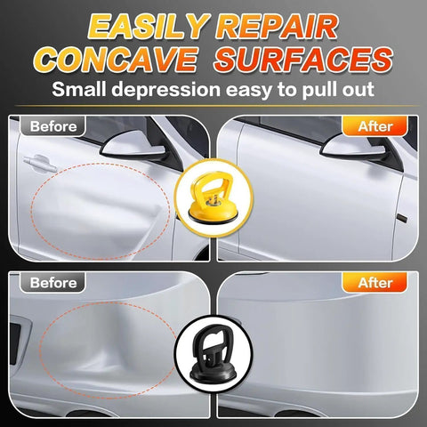 Three Pack Car Dent Repair Tool Kit With Powerful Suction Cup Dent Pullers, Includes One 4.5 Inch Large Puller And Two 2.2 Inch Small Repairers, Great For Car Body Dents And Auto Body Repair Projects. Before-and-after car door dent repair with suction cup pullers