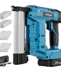 Cordless Brad Nailer And Staple Gun Combo Leveraging 21V Battery with 2.0Ah battery, charger, and fasteners for DIY projects.