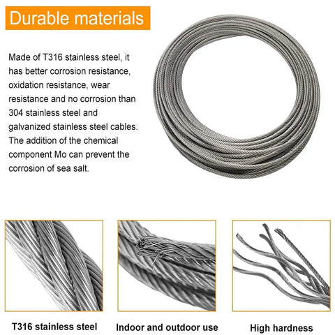 120 Ft One Eighth Inch T316 Stainless Steel Aircraft Wire Rope Cable For DIY Railing And Decking, rustproof coil detail