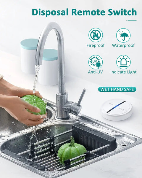 Woman washing vegetables in sink, Wireless Garbage Disposal Switch With 500ft RF Range Magnetic Base on counter nearby.