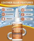 Heavy Duty Leather Glue For Shoes, Bags, Sofas, Belts And More, Clear Waterproof Flexible Adhesive displayed with features