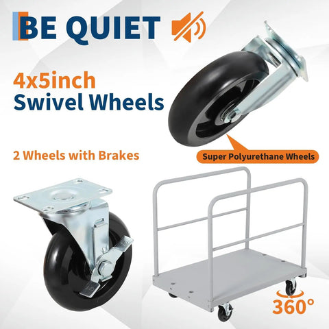 Beefed Up Heavy Duty 36x24 Inch Steel Panel Cart with 4x5 inch swivel wheels, removable handrails, and brakes for plywood and drywall.