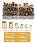 Rivet Nut Assortment Kit 500 Pcs Galvanized Carbon Steel M3 M4 M5 M6 M8 M10 with labeled sizes in storage case