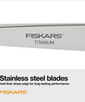 Close-up of Eight Inch Comfort Grip Titanium Multipurpose Scissors With Ergonomic Handles, showing titanium-coated blade inscription.