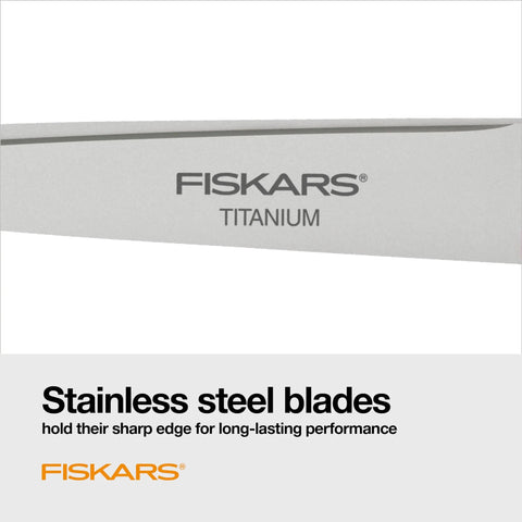 Close-up of Eight Inch Comfort Grip Titanium Multipurpose Scissors With Ergonomic Handles, showing titanium-coated blade inscription.