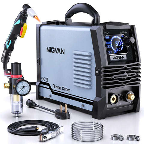 Beefy 50 Amp Plasma Cutter With Dual Voltage 110V To 220V, Large LED Screen Display, includes torch and accessories