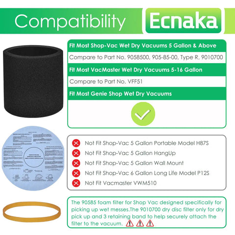 Three Pack Foam Sleeve Filters And Three Pack Wet Dry Vacuum Filters For 5 Gallon And Up Vacuums VF2002 Dry Discs With Three Retaining Bands Replacement 9058500 And 9010700 Fit Most 5 Gallon And Up Vacuums compatibility guide