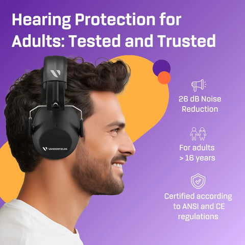 Hearing Protection Ear Muffs With 31 dB Noise Reduction For Shooting Lawn Mowing DIY And Construction worn by adult male