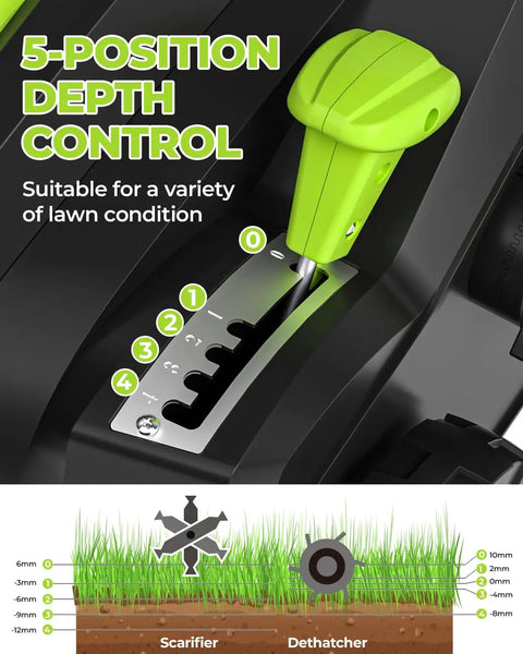 Close-up of 5-position depth control lever on 2-In-1 Dethatcher And Scarifier For Lawns, 16-Inch Electric Walk-Behind, 15 Amp Copper Motor