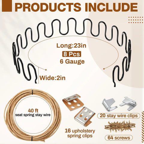 Heavy Duty Couch Upholstery Spring Repair Kit Built Like A Tank With Rock Solid Coils And Steel Stay Wire For Dirt Simple Saggy Sofa Fix and Recliner Seat Support includes 23in black coils, clips, and wire.