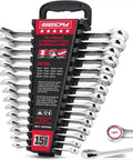 15 Piece Metric Combination Wrench Set 8mm To 22mm Chrome Vanadium Steel With Tough As Nails Coating and knuckle saving grips in organizer tray.