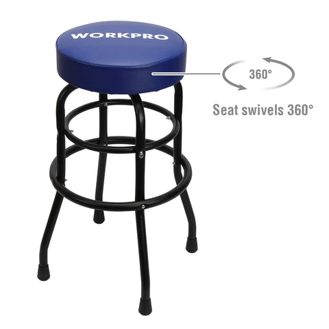 Heavy-Duty Steel Garage Shop Stool With Swivel Cushion Seat, Four Sturdy Legs, 360 Degree Foot Rings, Black Powder Coated Frame And Footrest, Single Pack