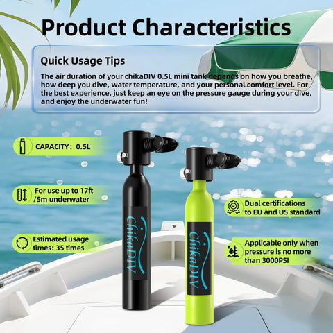 Compact 0.5L Mini Scuba Tank Portable Reusable Underwater Breathing Pony Bottle With DOT Certification For Pool Diving Snorkeling And Emergency Backup Air Supply Green and Black versions on boat deck.