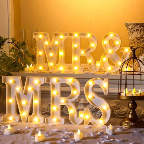 Mr And Mrs LED Light Up Sign 8.4 Inch With 12 Flameless Candles, 300 Artificial Rose Petals for Wedding Table Decor