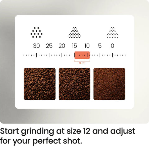 Next Level No Sweat Home Espresso Machine Built Around Conical Burr Grinder grind size indicator showing options 30 to 0.
