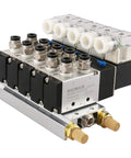 Side view of Five Station Solenoid Valve Manifold, 110V AC, 5 Way 2 Position Pneumatic Air Valve with mufflers and base.
