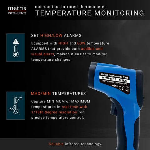 Digital Infrared Thermometer Gun With 12 To 1 Distance To Spot Ratio Laser Aiming For Aquarium Terrarium Reptile Snake Enclosures And Automotive Use Lightweight Handheld Temp Tool With Fast Accurate Surface Readings blue handheld infrared thermometer showing high/low alarms