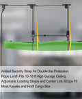 Garage Ceiling Kayak Hoist System With Safety Straps, Heavy Duty Pulley Lift For Kayaks, Holds Up To 150 Lbs shown in use